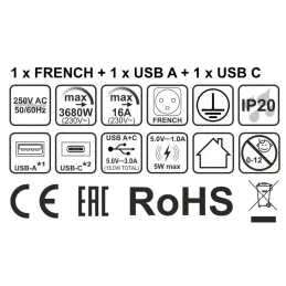 Presa da incasso per scrivania LUPO FRENCH 1x230V + USB A/C - Nera