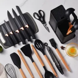 Set da 12 pezzi di posate e coltelli da cucina con forbici e tagliere ELYS / Nero
