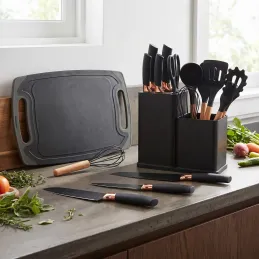 Set da 12 pezzi di posate e coltelli da cucina con forbici e tagliere ELYS / Nero