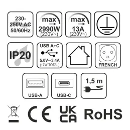 Multipresa elettrica EUROBOX 2x230V + 1xUSB C+A FRENCH / Nero opaco