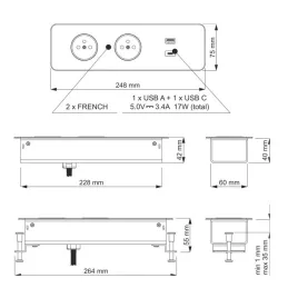 Multipresa elettrica EUROBOX 2x230V + 1xUSB C+A FRENCH / Nero opaco