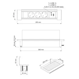 Ciabatta da incasso SLIM BOX SCHUKO 3× 230V + USB / Nero opaco