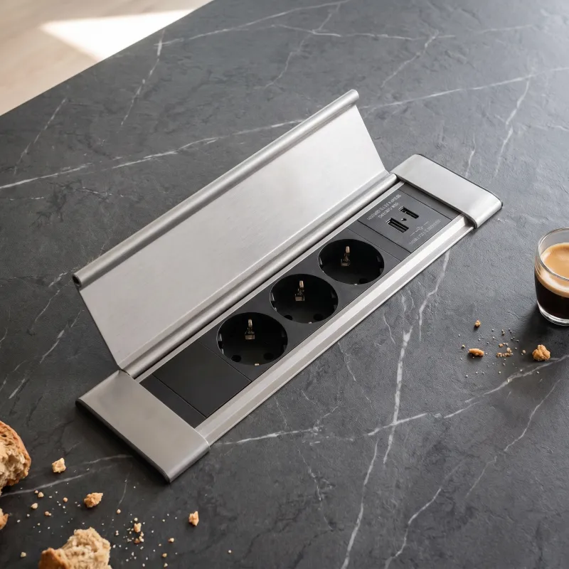 Multipresa da incasso SLIM BOX SCHUKO 3x 230V + USB / Acciaio inox