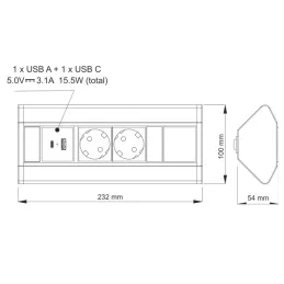 Multipresa da incasso CORNER SCHUKO 2x 230V + USB A-C / Bianco opaco