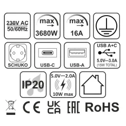 Presa elettrica automatica a scomparsa ASTRA SCHUKO 3x230V + 2xUSB A-C / Nera