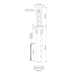 Presa elettrica automatica a scomparsa ASTRA SCHUKO 3x230V + 2xUSB A-C / Alluminio