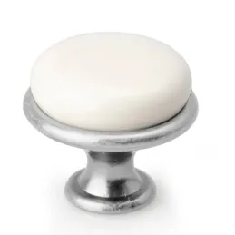 Pomolo a bottone LUNAS / Cromo satinato - Bianco latteo
