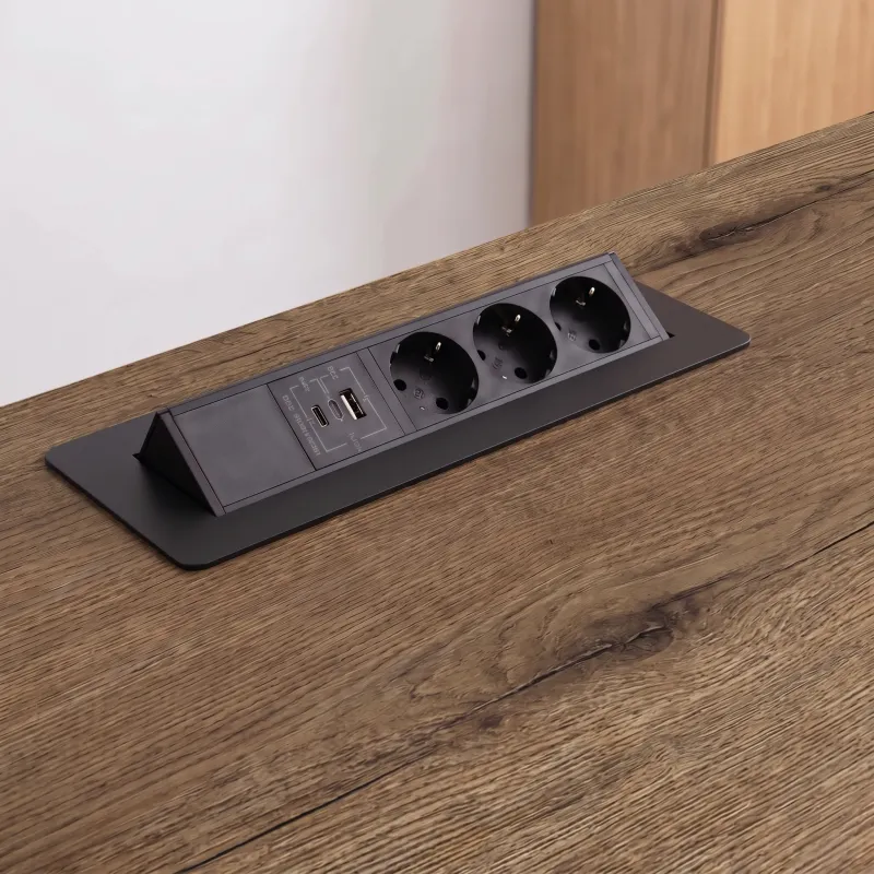 Presa a scomparsa AMBIENTE SCHUKO 3x230V + USB A-C / Nero opaco