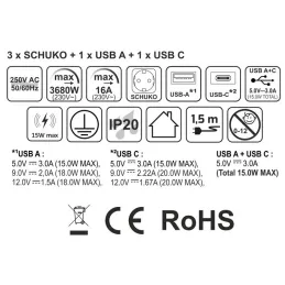 Presa automatica estraibile AMBIENTE SCHUKO 3x230V + USB A-C con luce e ricarica / Vetro nero