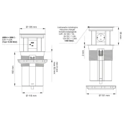 Presa automatica estraibile AMBIENTE SCHUKO 3x230V + USB A-C con luce e ricarica / Vetro nero