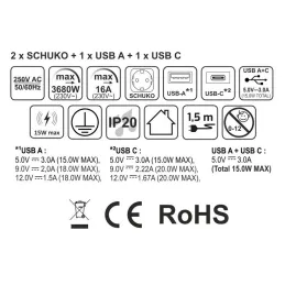 Presa estraibile AVION SCHUKO 2x230V + USB A-C e ricarica a induzione / Nero opaco