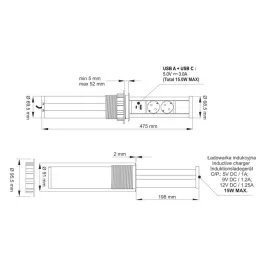 Presa estraibile AVION SCHUKO 2x230V + USB A-C e ricarica a induzione / Nero opaco