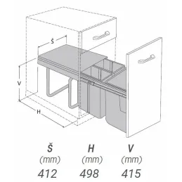 Cestino estraibile da 450 mm – 1×20 L + 2×10 L con supporti per l’anta / Grigio