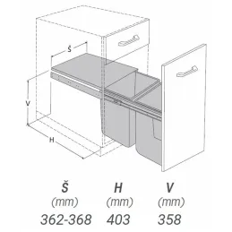 Pattumiera estraibile 400 mm – 2 × 16 L con supporti per ante / Grigio