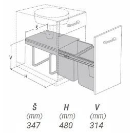 Cestino estraibile 400 mm – 2×15 L con supporti per l’anta / Grigio