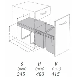 Cestino estraibile da 400 mm – 2×20 L con supporti per anta / Grigio