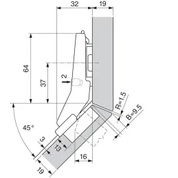 Cerniera 45° semiapplicata CLIP TOP con ammortizzazione