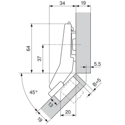 Cerniera 45° semiapplicata CLIP TOP con ammortizzazione