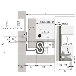 Cassetto ad estrazione totale nascosta QUADRO V6 con ammortizzazione e clip / 30 kg